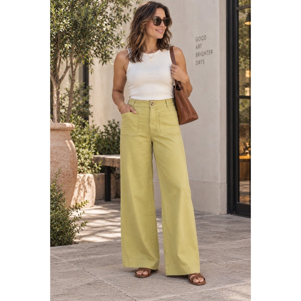 Maeve Colette Linen Stretch High Rise Wide Leg Pants Guacamole 14P